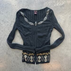 Vintage Y2k Black Ribbed Embellished Sequin Longsleeve Full Zip Blouse Medium